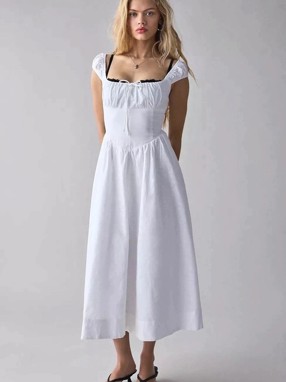 White Cotton-Blend Drop-Waist Midi
Dress